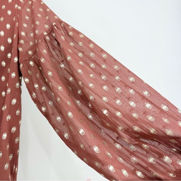 Listicle Rust Brown Gold Metallic Polka Dot Ruffle Long Sleeve Peasant Blouse - Picture 12 of 16